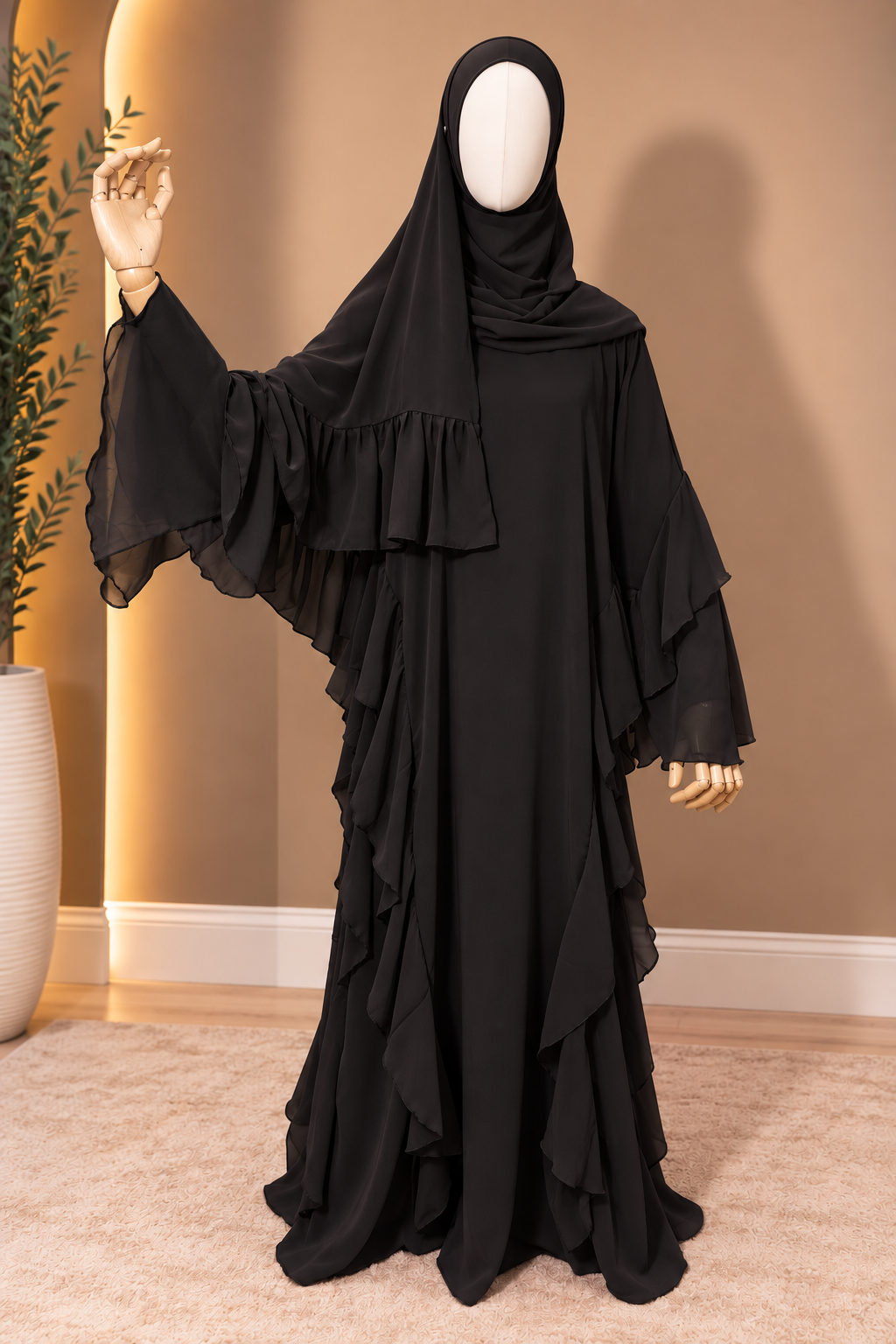 Fatimah Ruffled Three-Piece Abaya Set